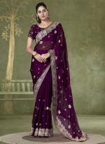 Chiffon Wine Wedding Wear Embroidery Work Saree